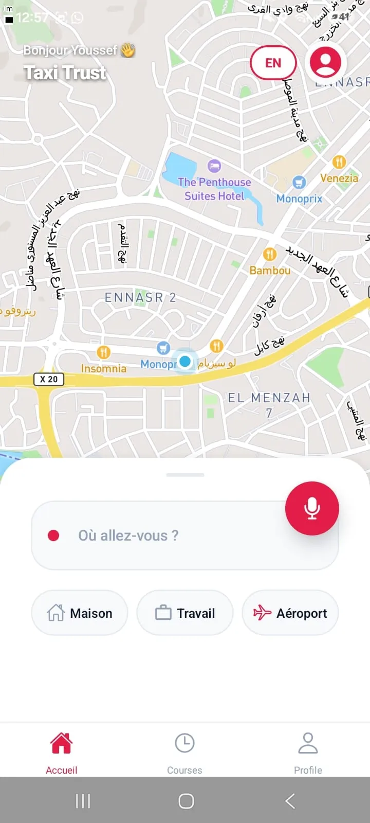 Carte de réservation de Taxi Trust avec recherche de destination